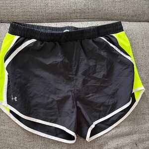 Under Armour Women's Black and Neon Yellow Athletic Shorts